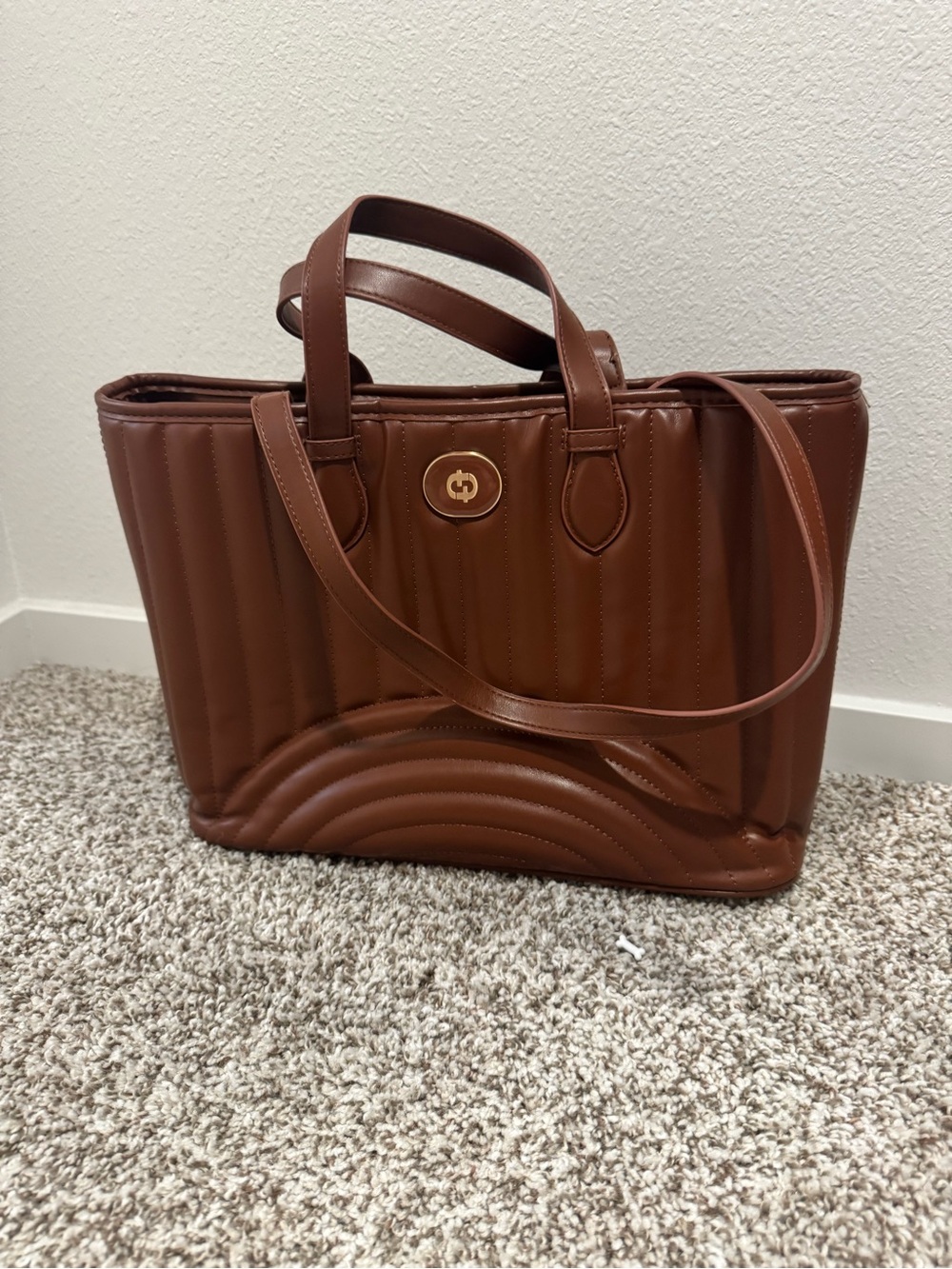 Quilted Tote Bag in Brown with Gold Accent
